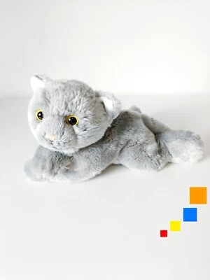 Peluche/Doudou Ancien Chat Gris Blanc Yeux Jaunes Nez Rose Allongé 30cm Nicotoy - Photo 1/4
