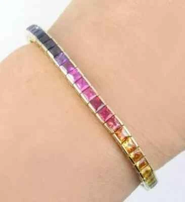 Pulseira de tênis princesa 14 quilates criada em laboratório safira arco-íris folheada a ouro rosa 14K - Imagem 1 de 4