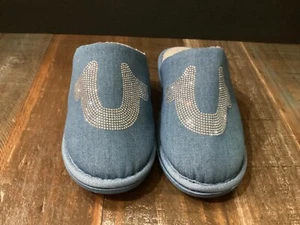 True Religion Blue denim Bling Logo Slippers Size XL (9-10) - Picture 1 of 6
