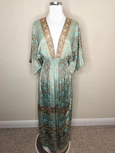 Maxi abito Moksha Ibiza seta caftano taglia S/M donna floreale blu marrone - Foto 1 di 16