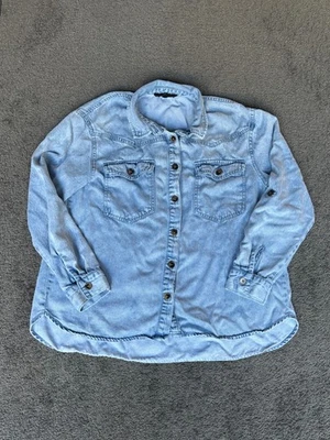 Camisa Jane & Delancey Western Para Mujer Azul Mediana Denim Parche Bolsillo Manga Larga Foto 1 de 4