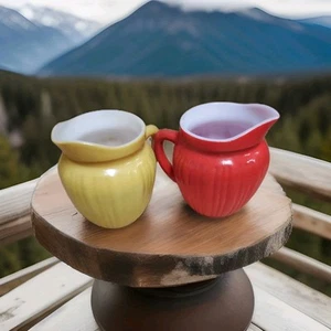 2 Hazel Atlas Moderntone Platonite Red And Yellow Ribbed Milk/Cream Pitcher - Picture 1 of 7