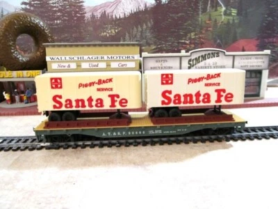 1/87 HO Tyco #354A  AT&SF 50ft Flatcar w/ 2 Santa Fe Piggyback Trailers  Ex Cond - Image 1 of 3