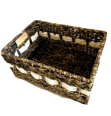 Wicker Woven Seagrass Basket Rectangular Handles Storage Organizer Cotton Ribbon - Image 1 of 4