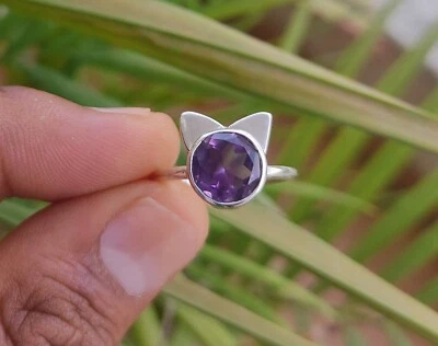 Natural Amethyst Cat  Ring, 925 Sterling Silver Handmade Ring, Best Gift For Her - Image 1 of 4