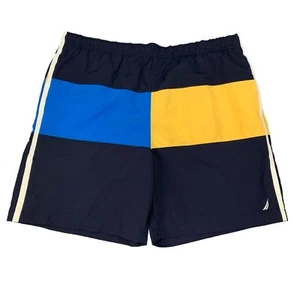 Nautica Swim Short Mens L Large Blue Yellow Elastic Waist Drawstring Mesh Liner - Picture 1 of 12