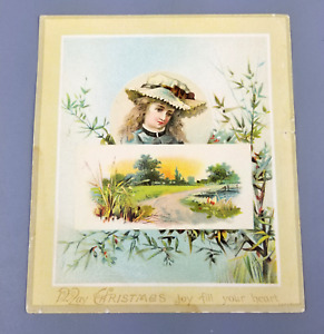Antique Victorian Christmas Card "Joy Fill Your Heart" Girl Flower Hat Garden