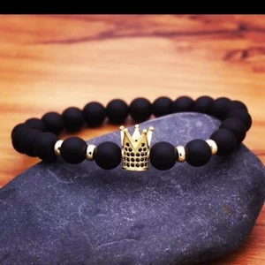 Men's Luxury Crown Natural Stone Matte Black Charm CZ Copper Bead Women Bracelet - Picture 1 of 21