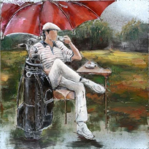 Sitting Golfer Galvanized Indoor/ Outdoor 3-D Wall Oil Painting Statue DEAL - Picture 1 of 4