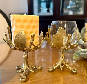 2 Brass Pillar Candle Tea light Holders Indoor Outdoor Home Decor Tabletop - Picture 1 of 6