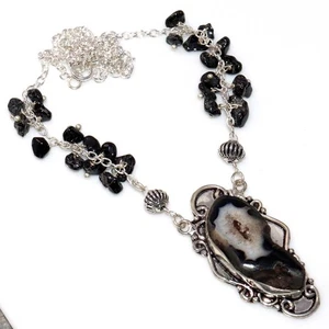 Beaded Agate Geode Slice Black Onyx 925 Silver Plated Necklace 20" GW - Picture 1 of 3