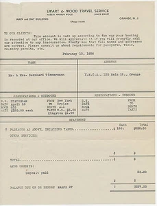 SS Statendam 1936 recibo de viaje de pasajeros - Holland America Line - Imagen 1 de 1