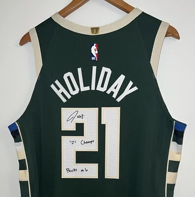 Camiseta deportiva Jrue Holiday "'21 Champs Bucks in 6" firmada Nike NBA auténtica Vaporknit Foto 1 de 4