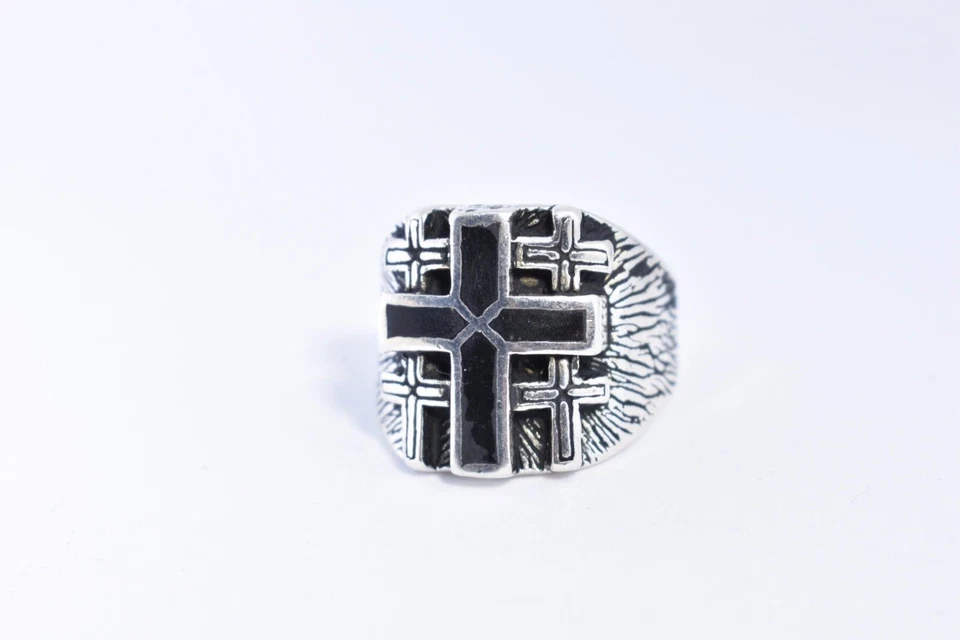 Anillo Vintage Plata Blanco Bronce Para Hombre Cruz Incrustación Piedra Negra Talla 10.5 Foto 1 de 4