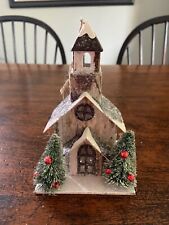 Faux Birch Putz Church Ornament with Bottle Brush Trees  (O/S)