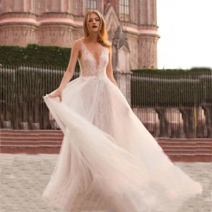 Boho Lace Tulle White/Ivory Beach Wedding Dress Sleeveless V Neck Bridal Gowns - Picture 1 of 2