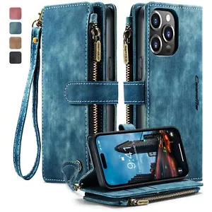 Case For iPhone 16 15 14 13 12 11 XR SE 7 8 Zip Wallet Retro Leather Flip Cover - Picture 1 of 63