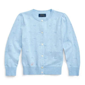 Ralph Lauren LIGHT BLUE HEATHER Girls Knit-Heart Cotton Cardigan, US Large - Picture 1 of 2