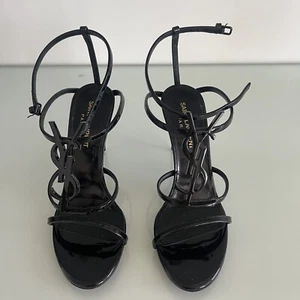 SAINT LAURENT "Cassandra" YSL monogram patent leather stiletto sandals 35.5EU - Picture 1 of 7