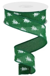 Pine Trees Ribbon, White Print on Emerald Green Royal, Wired Edged, 1.5" Wide X - Imagen 1 de 1