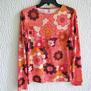 Bold Mod Print Womens Flower Power Shirt Top L Pullover Long Sleeve Pink Colorfu - Picture 1 of 7