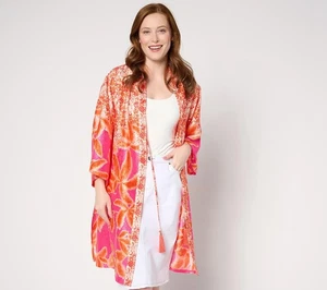 Susan Graver Passport Sz L Printed Woven Jacquard Duster PINK/TANGERINE A638788 - Picture 1 of 1