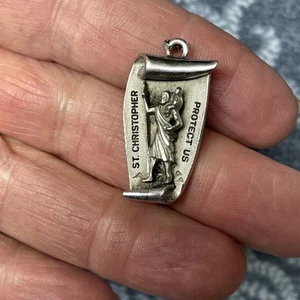 Unique Vintage 3 D Sterling St Christopher Protect Us Medal Pendant - Picture 1 of 9