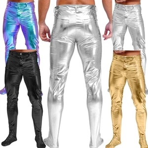 Men Pants Shiny Metallic Pantyhose Streetwear Trousers Hip Hop Casual Wet Look - Picture 1 of 30