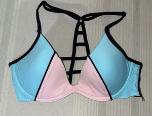 Victorias Secret PINK XS Bikini Swimsuit Top Triangle Colorblock Teal Pink - Picture 1 of 2