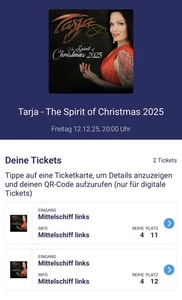Zwei Karten Tarja The Spirit of Christmas 2025 Ev. Luth. Lukaskirche in Dresden - Bild 1 von 1