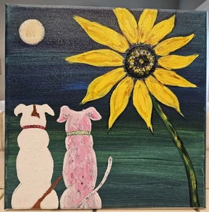 Dogs & Sunflower Acrylic Painting on stretched canvas - Picture 1 of 1