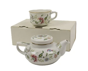 ANDREA BUCKINGHAM FLORAL TEAPOT W/COVER & TEACUP BY SADEK - Picture 1 of 13