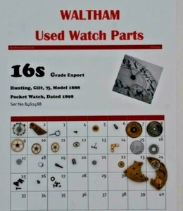 Piezas Reloj Waltham Usado 16/16s Modelo 1888, Export Ser Nº 8462468, WP2/25 - Imagen 1 de 1