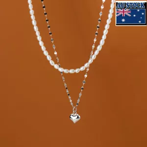 Woman s925 Sterling Silver Heart Charm Freshwater Pearl 2 Layer Starry Chain - Picture 1 of 6