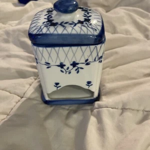 Tea Bag Sugar Packet Dispenser Canister Blue & White French Country Farm House - Picture 1 of 8