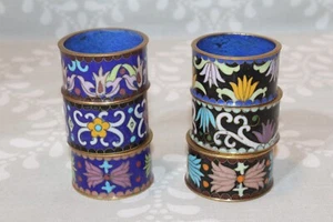 6er Set Vintage Serviettenringe Cloisonné blau, schwarz und goldfarben Emaille Blumen - Bild 1 von 13