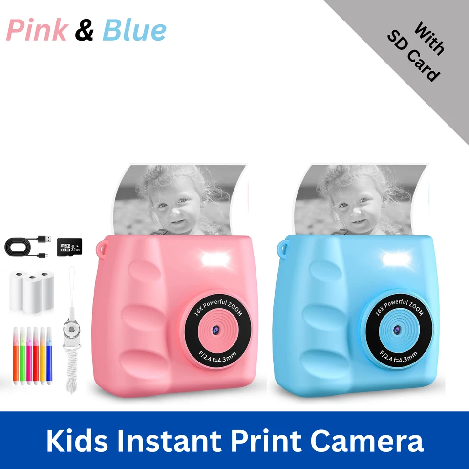Kids Instant Print 1080P HD Video Digital Camera With 32G SD Card. Pink & Blue - Image 1 of 1