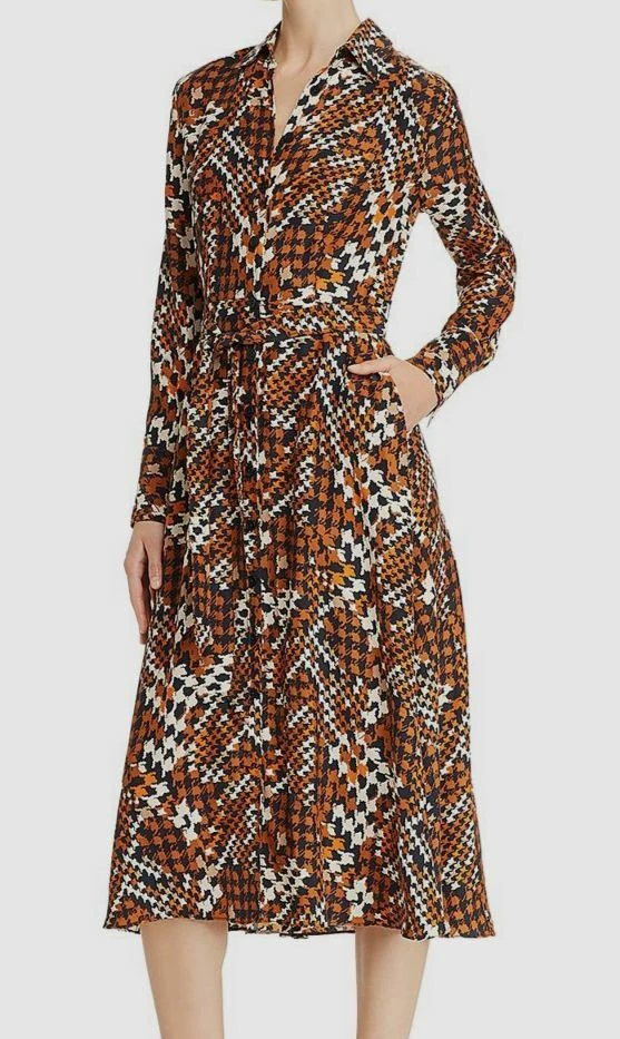 Equipment Women Orange Long-Sleeve Tie Waist Button Silk Midi Shirtdress 2