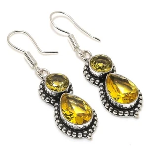 Yellow Citrine Gemstone Handmade 925 Sterling Silver Jewelry Earring Size 1.8" - Picture 1 of 1