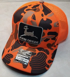John Deere Black Patch Richardson 112 Trucker Hat Snapback Blaze Duck Camo/Blaze - Picture 1 of 9