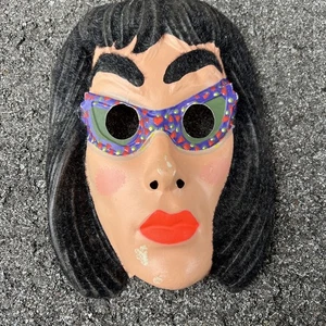 Ben Copper Lady Beatnik Halloween Mask Plastic Gypsy Hippie Vintage Flocked Hair - Picture 1 of 11