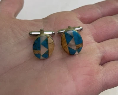 Gemelos madreperla turquesa ovalados de plata esterlina nativos americanos Foto 1 de 3