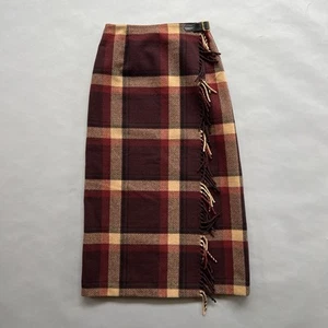 Falda Eddie Bauer Mujer 6 Lana Roja Cuadros Midi Flecos Manta Envoltura Preppy - Imagen 1 de 5