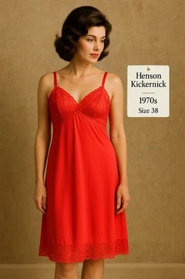 Vintage Henson Kickernick Cherry Lace Trim Full Slip Size 38 – Made in USA 1970s - Image 1 of 4