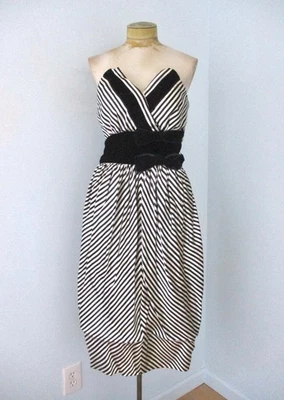 De Colección Años 80 Nueva Ola Victor Costa Negro Rayas Satén Vestido de Noche Terciopelo Lazos S/M Foto 1 de 4