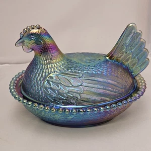 VTG RARE Indiana Glass Hen on Nest Covered Dish Carnival Glass Bicentennial Blue - Picture 1 of 12
