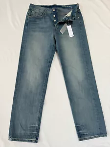 Outerknown S.E.A. Jeans Fillmore Boyfriend donna 26 blu bottoni Fly USA nuovo con etichette - Foto 1 di 11