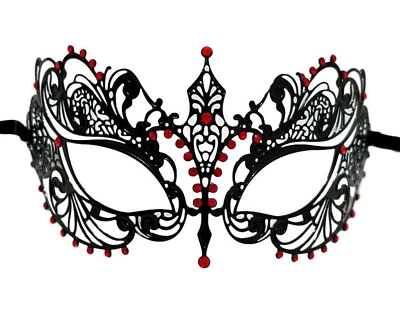 Máscara veneciana láser ojos hermosos cristal rojo negro mascarada filigrana de metal Foto 1 de 2