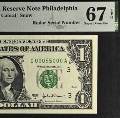 2003A $1 FRN PMG 67EPQ gem birthday super radar serial number 00055000 - Image 1 of 3