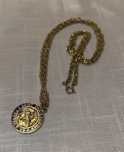 Saint Christopher Protect Us Necklace Black Trim Gold Plated Pendant Round 12" - Picture 1 of 8